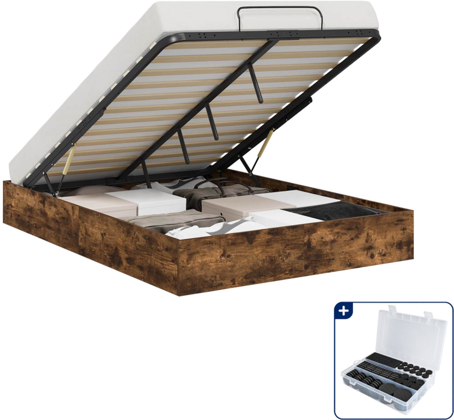 vidaXL ottoman bedframe - 120 x 200 cm - bewerkt hout - gerookt eiken - Inclusief antikrasvilt 177-delig Grijs