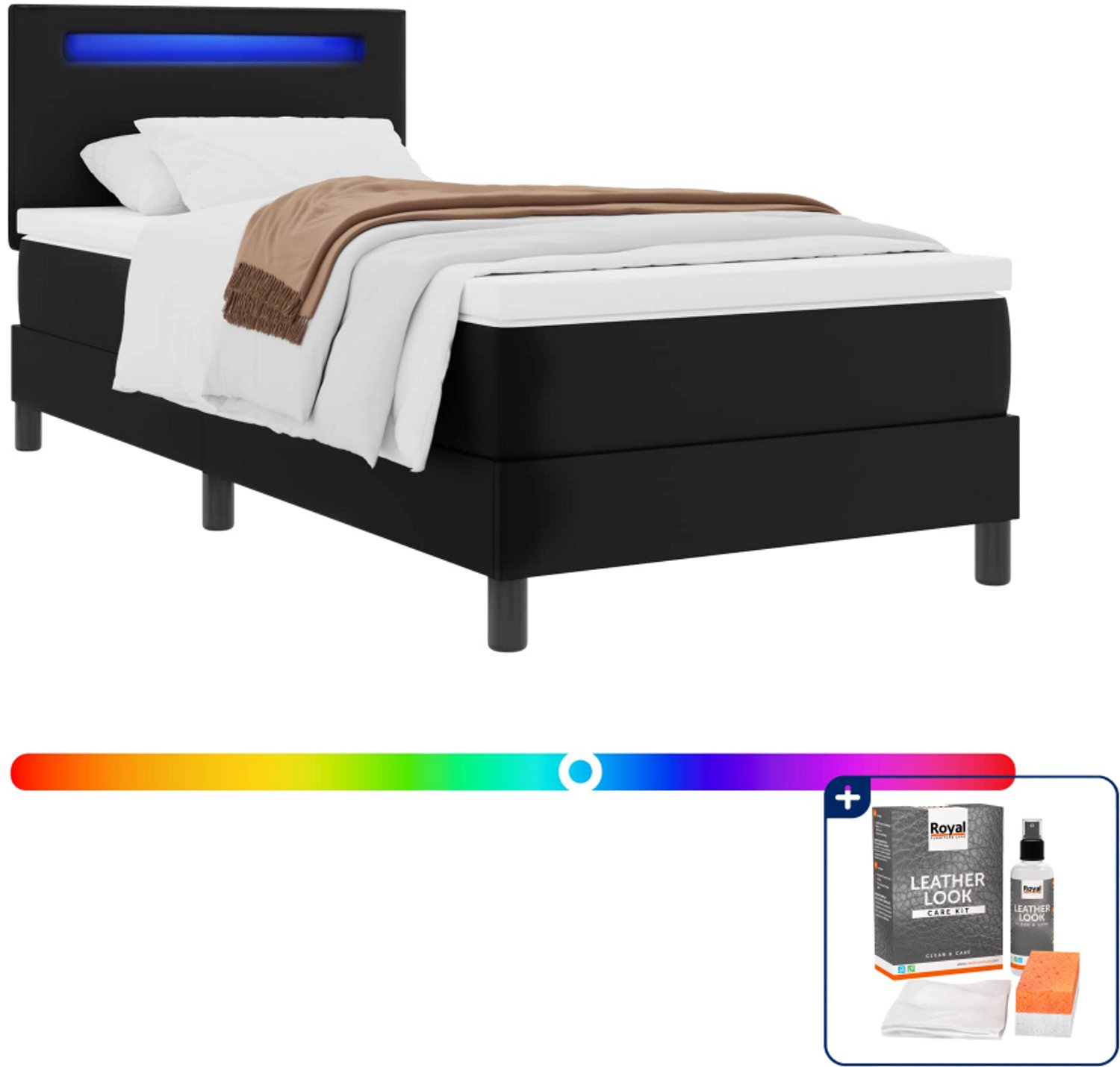 vidaXL boxspringbed - 90 x 190 cm - kunstleer - zwart - Inclusief onderhoudsset voor kunstleer 150 ml