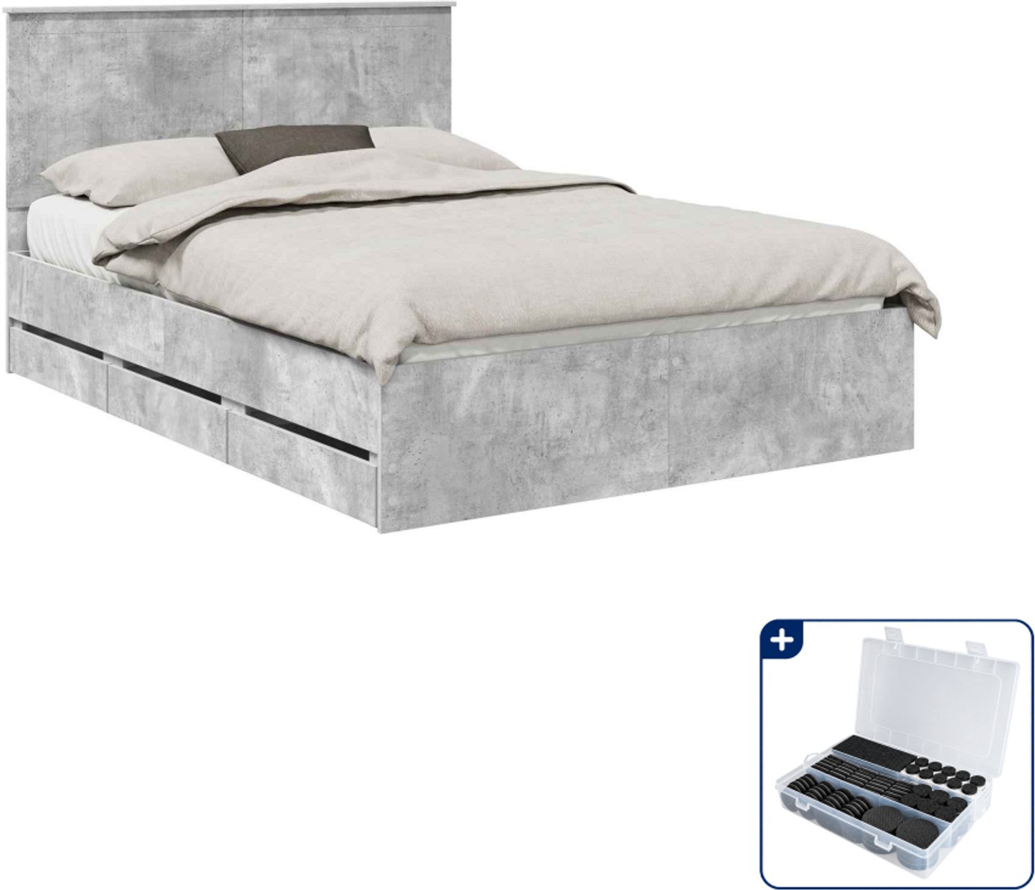 vidaXL Bedframe met lade - Small double - 140 x 200 cm - beton grijs - Inclusief antikrasvilt 177-delig