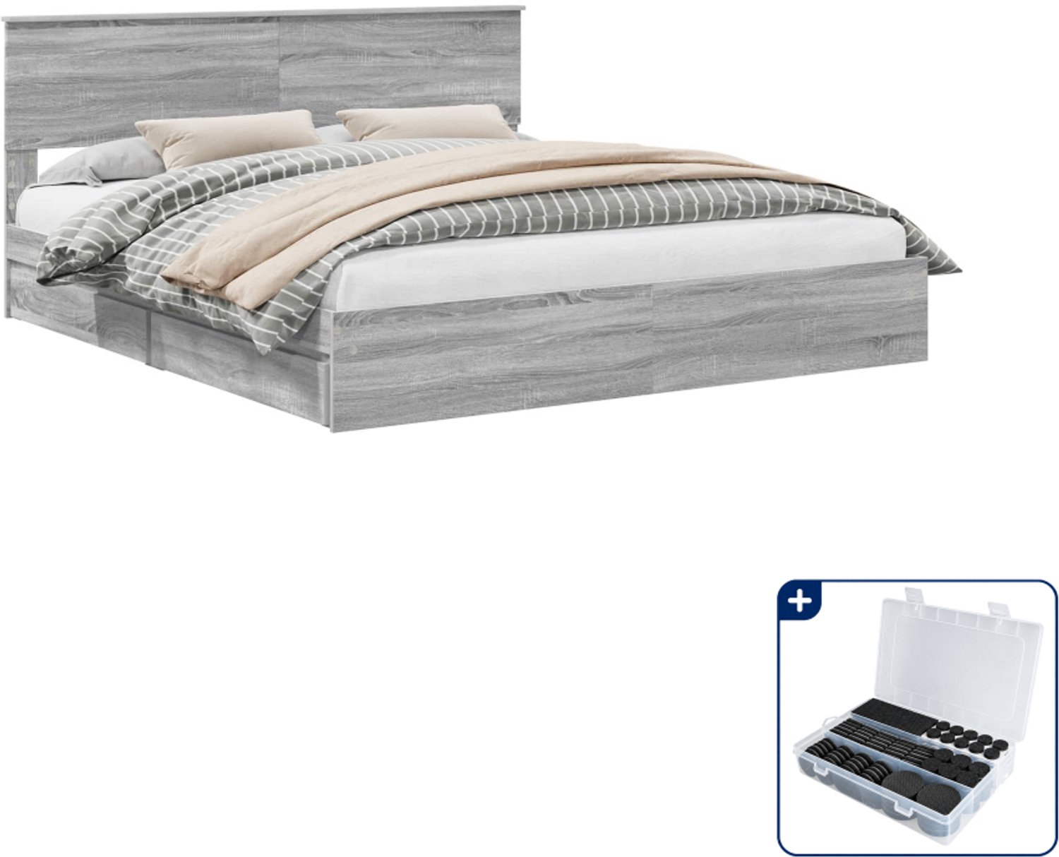vidaXL bedframe - Kingsize - 180 x 200 cm - bewerkt hout - grijs sonoma - Inclusief antikrasvilt 177-delig Bruin