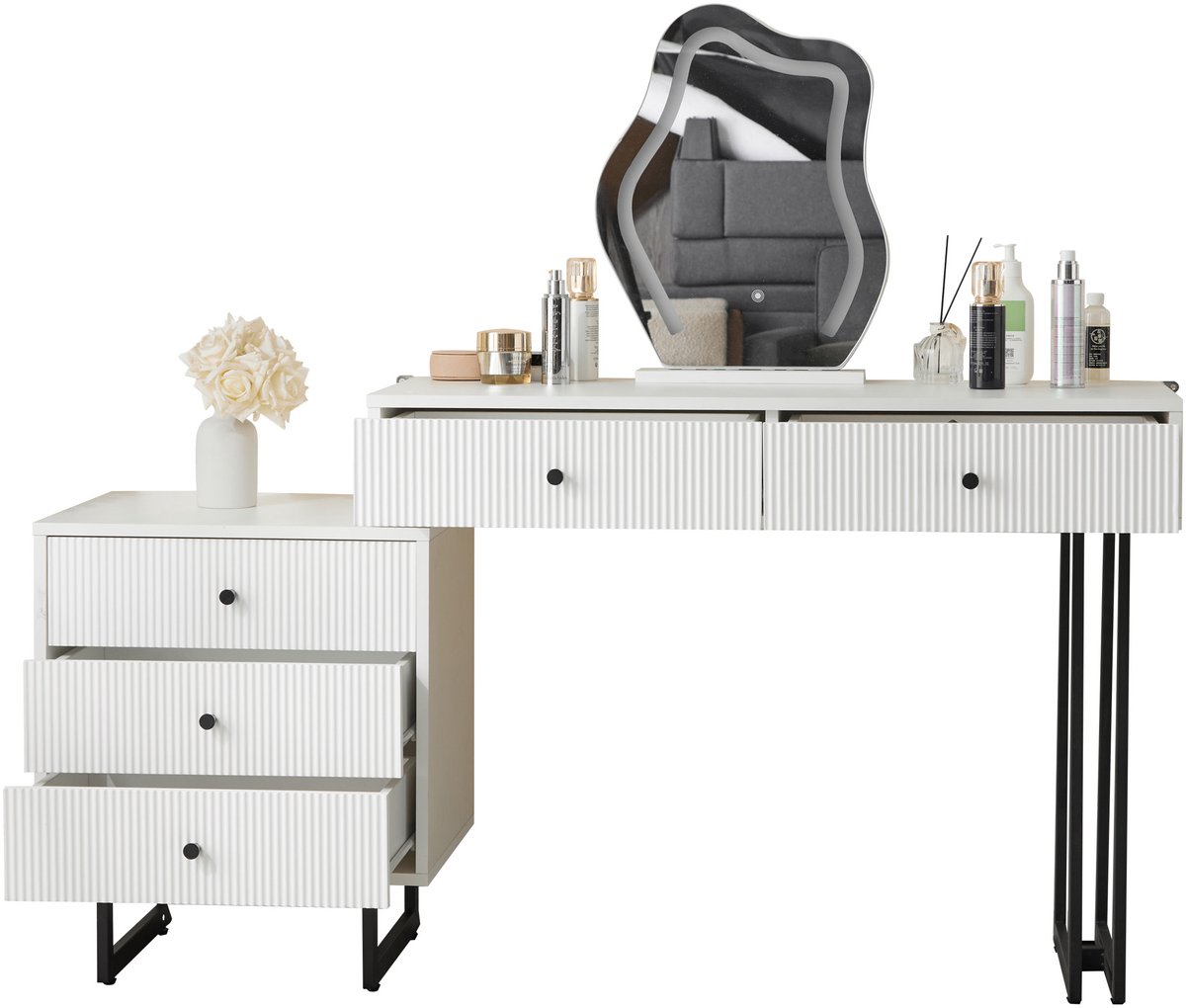 Kaptafel Met Spiegel En Ledverlichting - 5 Lades En Ruim Tafelblad - Voor Slaapkamer Of Dressing - Wit Spaanplaat Met Metalen Frame