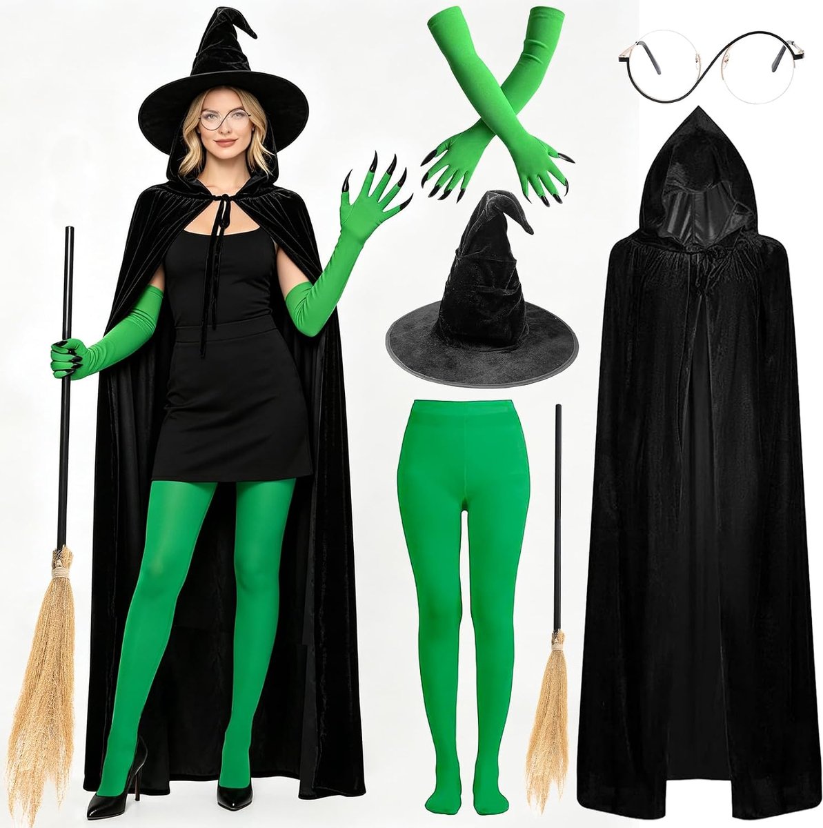 6-delige Halloween-set met cape, zwart en groen heksenkostuum voor dames