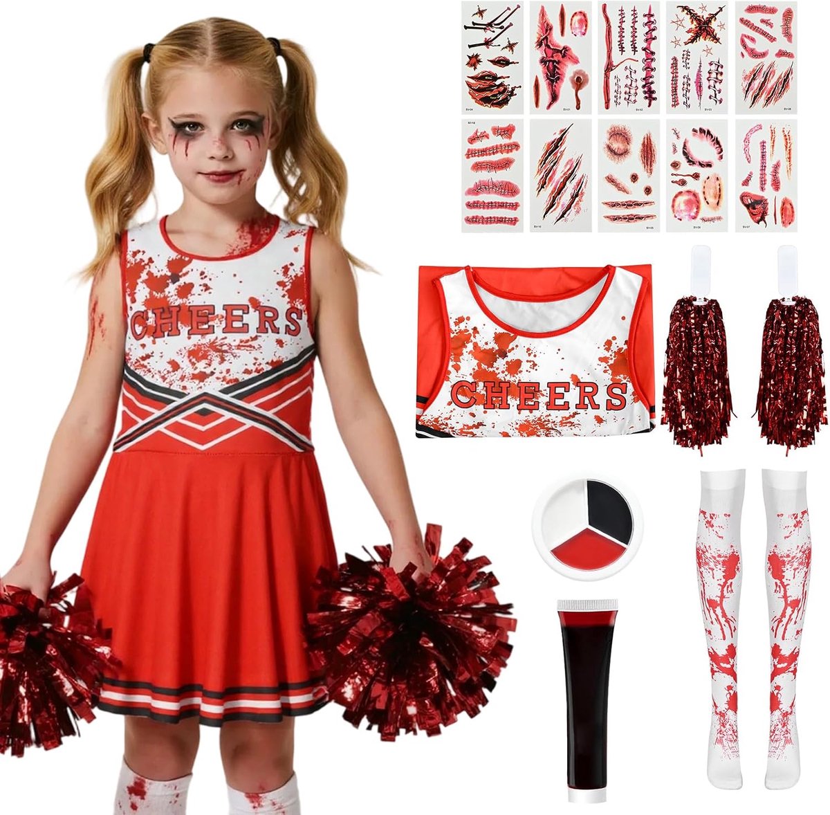 Cheerleaderkostuum voor meisjes en dames, cheerleaderkostuum kinderset met pompons nepons nepbloed sokken make-up palet tattoo voor Halloween carnaval party