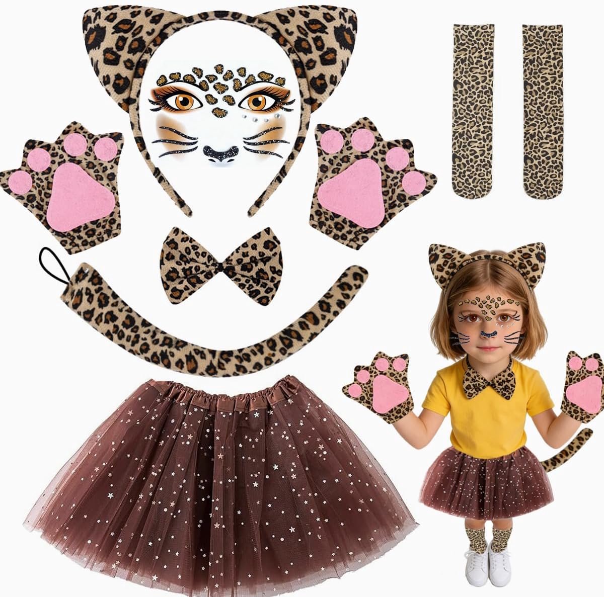 Carnavalskostuum voor Kinderen, 7-delig Luipaardkostuum voor Meisjes Cheeta-outfit Rok met Hoofdband met Luipaardoren Staart V vlinderdas Luipaardkniekousen Gezichtssticker voor Zoo- of Junglefeest