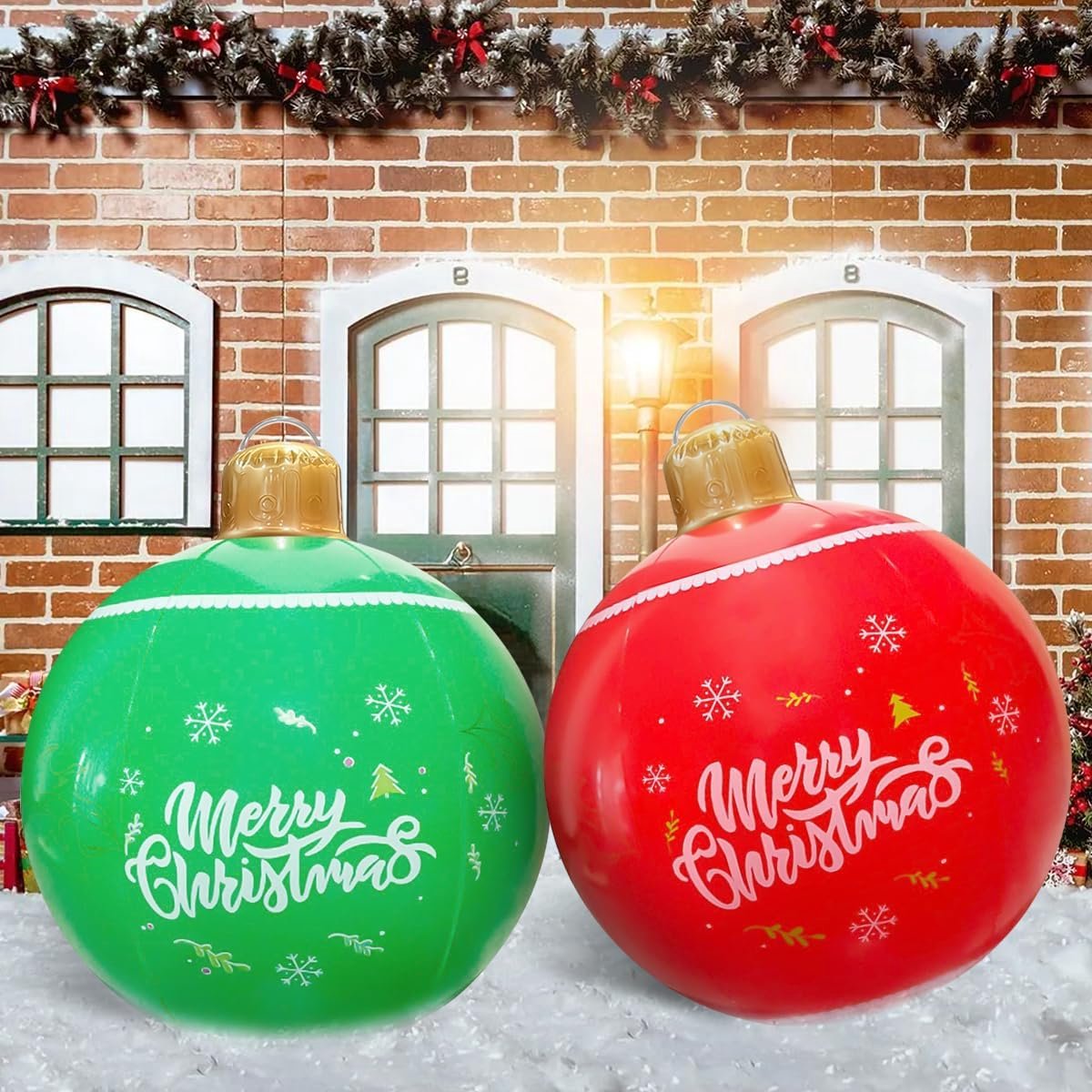 Kerstballen XXL, opblaasbare kerstballen, kerstdecoratie voor binnen en buiten, opblaasbare kerstdecoratie, tuin, groot, 2 stuks (rode bal groene bal)