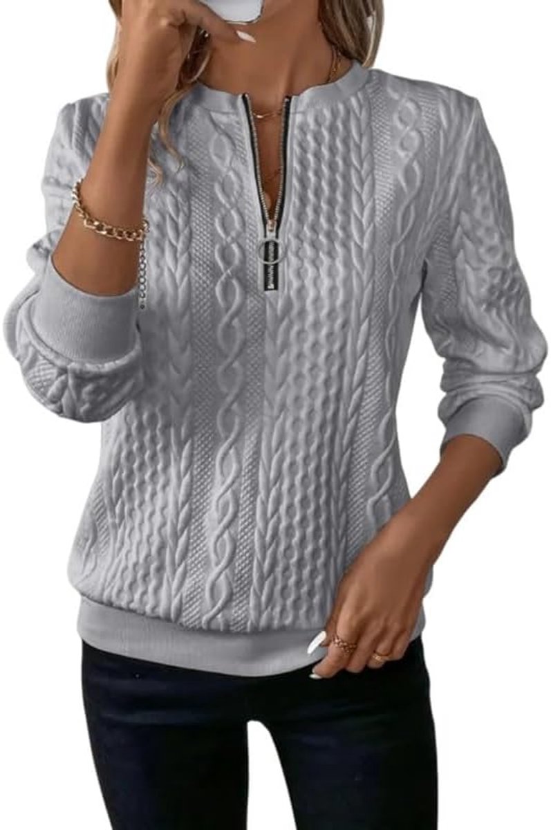 Sweatshirt dames halve rits pullover met vlechtpatroon elegant shirt met lange mouwen basic sweatshirts zonder capuchon casual lange mouwen gebreid bovenstuk los sweatjack tuniek top warme