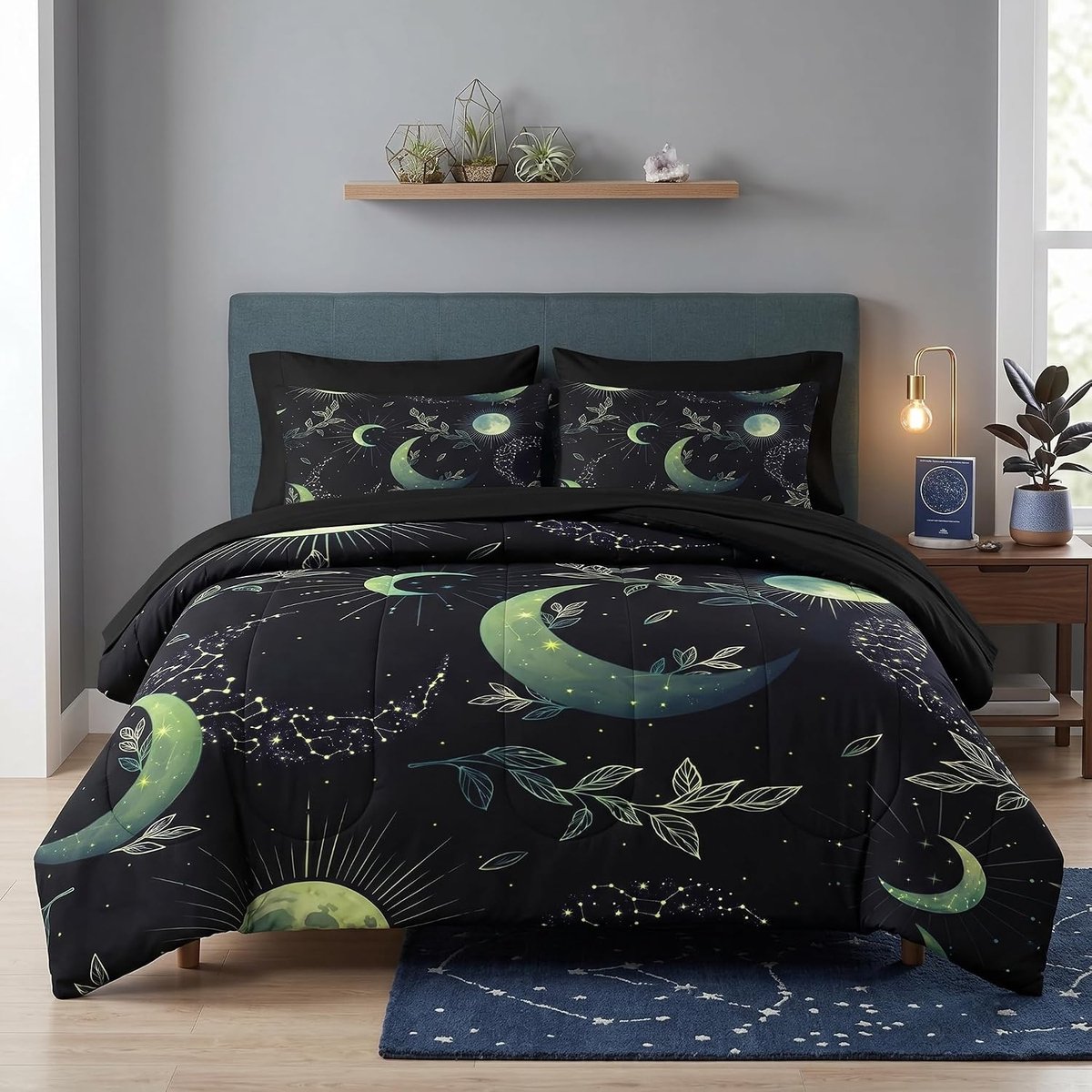 Dekbedset Queen Size, groene boho ruimte 7-delig beddengoed voor kinderen en volwassenen, kruiden heks bloemen lakensets met hoeslaken 2 kussenslopen en 2 kussenslopen voor slaapkamer