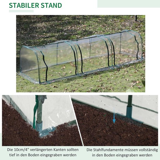 Stabiele kas met groen stalen frame en transparante kunststof hoes, 10cm verlengde randen om in de grond te graven.