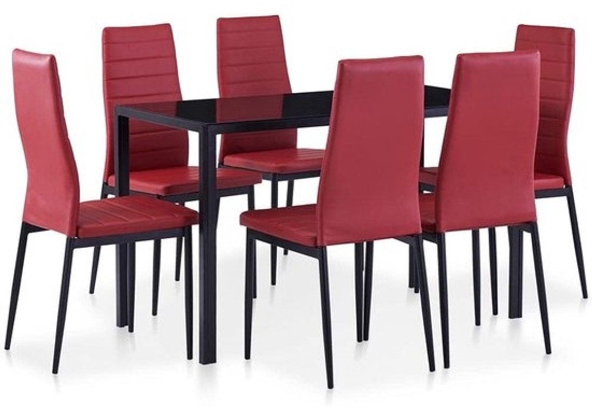 Eetkamerset 7-delig - Tafel met 6 stoelen - Kunstleer - Bordeauxrood