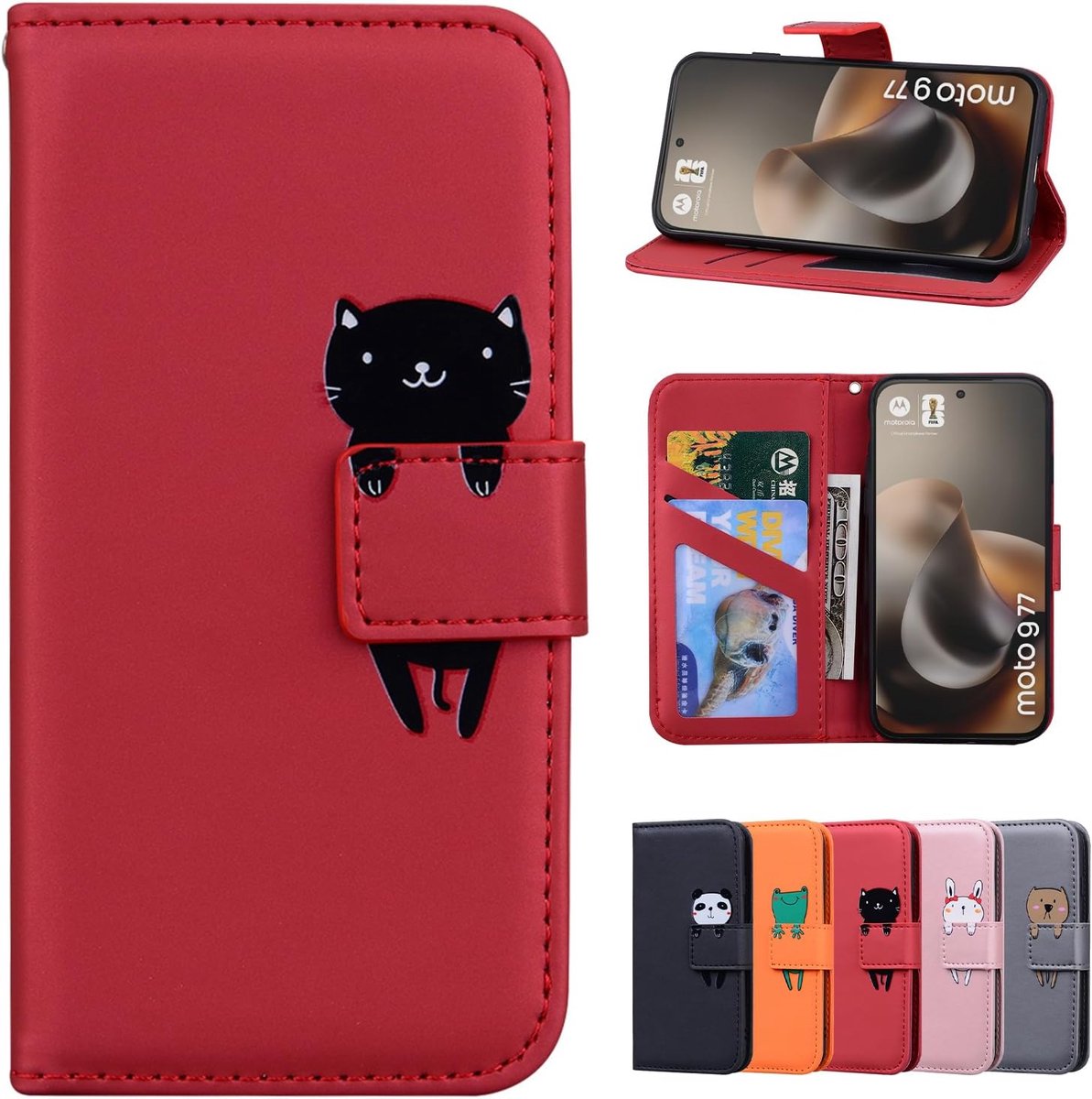 Telefoonhoes voor Motorola Moto G77/G67 5G, PU-leren portemonnee, beschermhoes, standaardfunctie, magnetische sluiting, telefoonhoes voor Motorola Moto G77/G67 5G - Rode kat