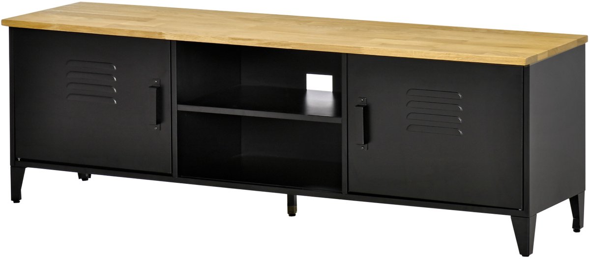 Tv-meubel/bank voor 55-inch tv's met 2 kastjes- verstelbare poten- zwart metalen frame- blad van natuurlijk hout- 150 x 40 x 50 cm