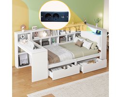 L-vormig Platformbed 90x200 cm Wit met Bureau, Boekenkast en Lade, MDF, Slaapkamer