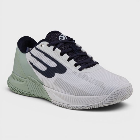 Witte Bullpadel padelschoen voor dames met groene details, donkerblauwe veters en logo.