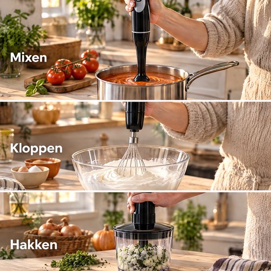 Cheqo® Staafmixer Set 300W met Garde en Hakmolen - Staafmixerset - Handblender met Turbofunctie - Staafblender - Pureerstaaf voor Soep - Hakselaar - Klopper - RVS Messen - 2 Snelheden - Mixer Set - Smoothie Mixer - Keukenmixer - Zwart Grijs van Cheqo — afbeelding 2