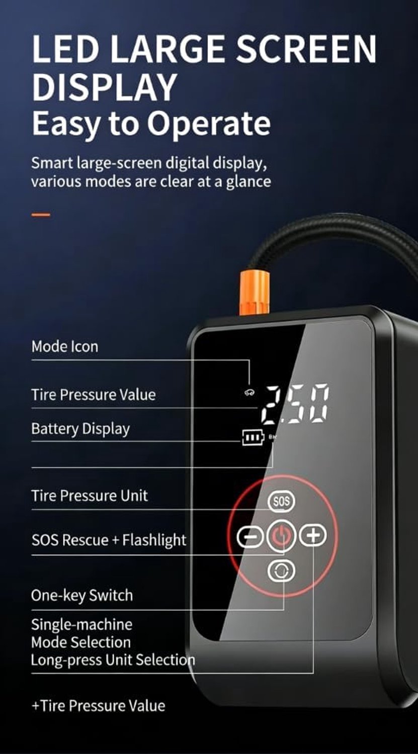 Autobandenpomp- Draagbaar- (150 PSI)- 4 Opblaasmodi- Automatische Uitschakeling- Powerbank-functie- LED-display- SOS-noodverlichting- Geschikt voor Auto's, Fietsen, Motorfietsen, Sportballen, Enz- Zwart — afbeelding 5