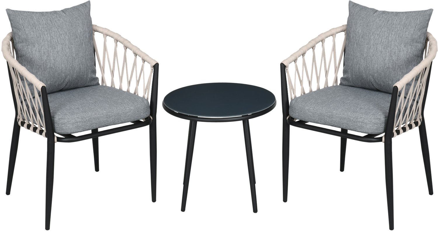 Sunona 3-delige bistrosel met tafel en 2 stoelen - Met zit- en rugkussens - Stalen frame - Ø50 x 46 cm - Grijs