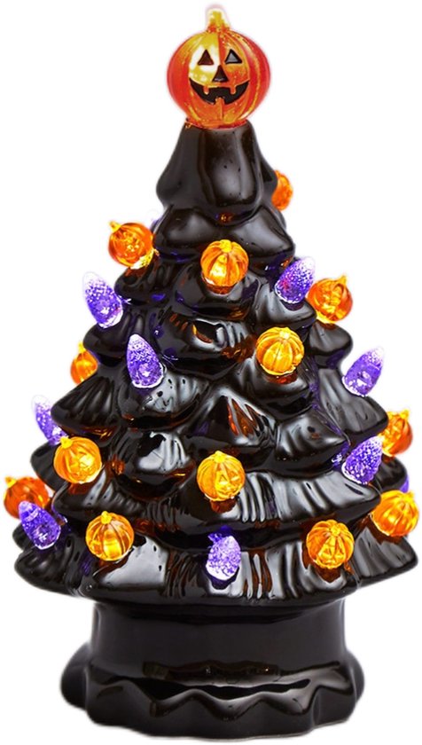 Zwarte keramische Halloweenboom versierd met oranje pompoenlampjes en paarse, kegelvormige verlichting.
