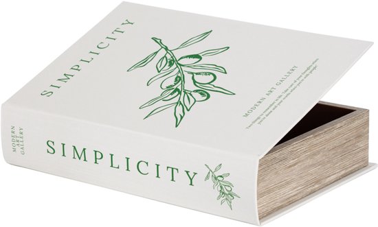 Wit opbergboek 'Simplicity' met olijftak-illustratie en bruine houten binnenkant, half geopend.