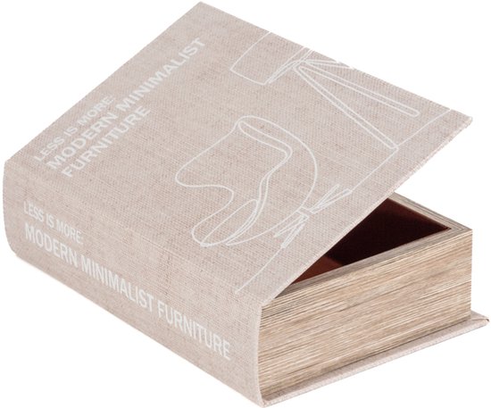 Open beige opbergboek van stof met een lijntekening van een stoel en de tekst MODERN MINIMALIST FURNITURE.