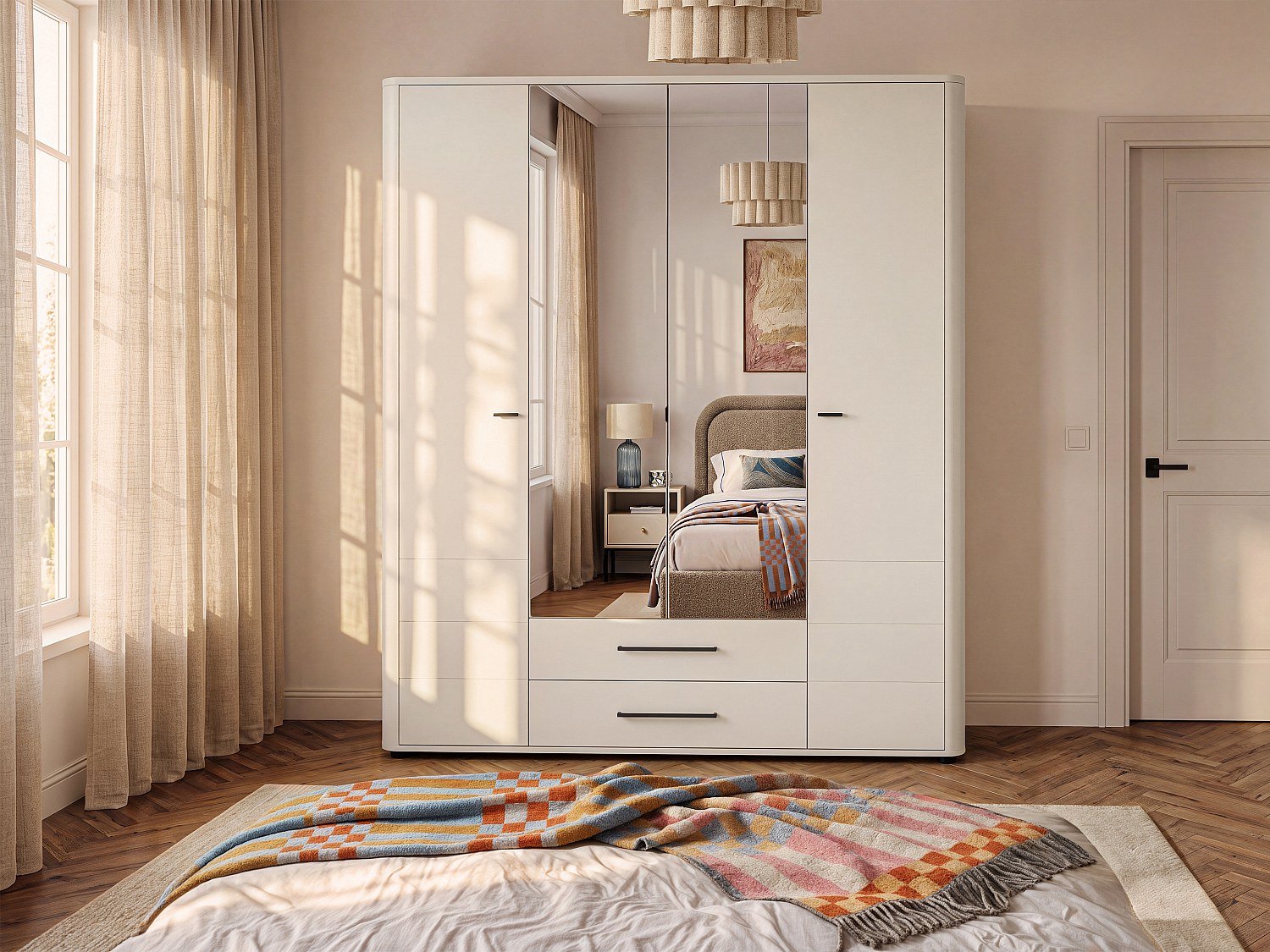 Vente-unique Kledingkast met 4 deuren en 2 laden - Met spiegel - B 180 cm - Beige - JELYNE