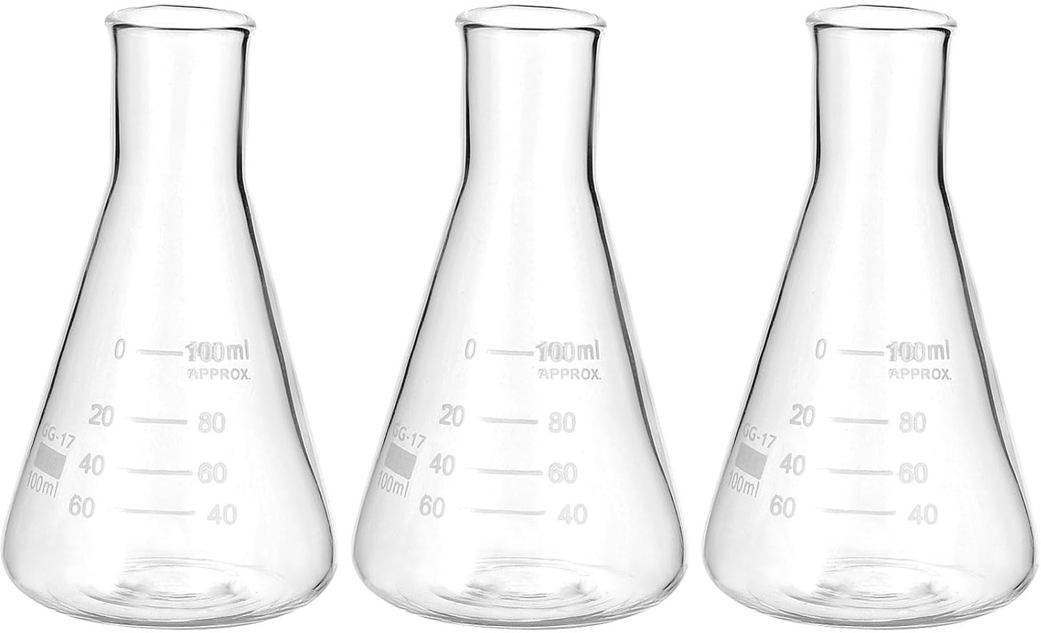 Erlenmeyer fiole 100ml - 3 stuks - gegraveerd borosilicaatglas - ideaal voor chemie laboratorium - Vemera