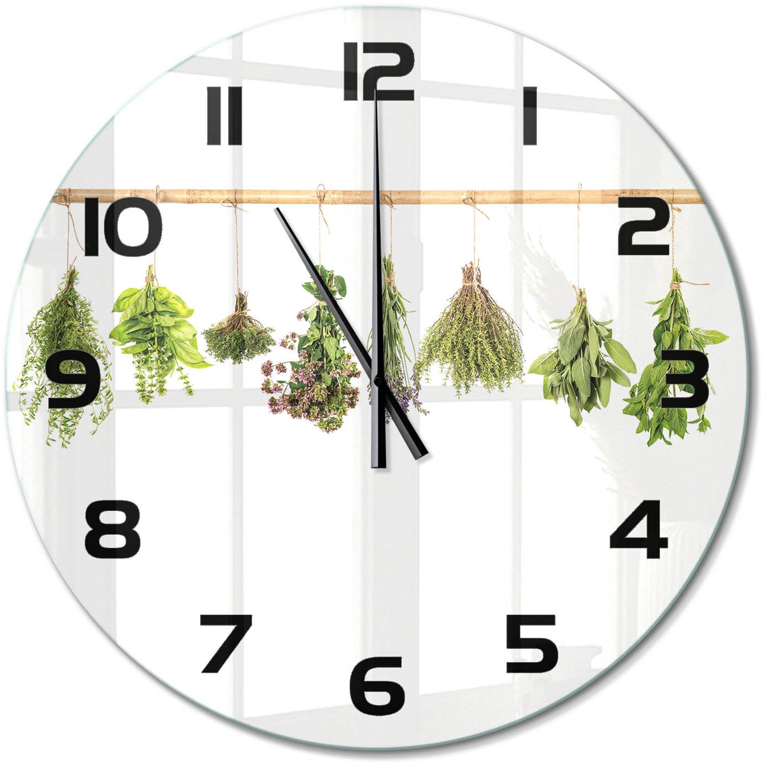 TULUP Wandklok - Kruiden aan een touwtje Gekleurde Glazen Klok - fi60 cm - Groente Glazen Klok Met Print - Zwarte handen - Ronde Klok - Moderne Wandklok Glas - Wandklok Glas Decoratie