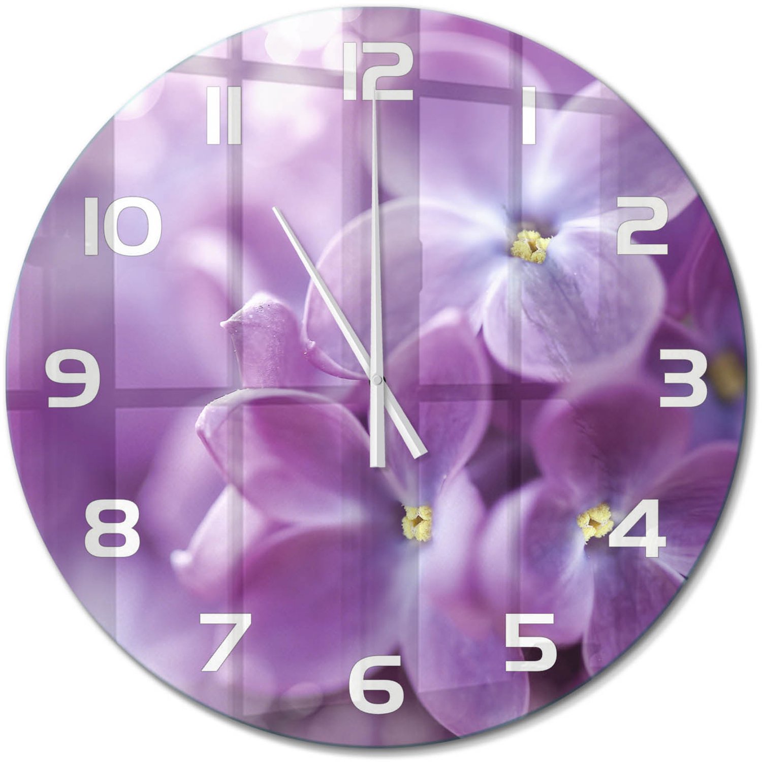 TULUP Wandklok - Paarse bloemen Glazen Klok Met Print - fi60 cm - Paars Wandklok Glas Met Motief - Witte handen - Ronde Klok - Wandklok Glas Decoratie - Gekleurde Glazen Klok
