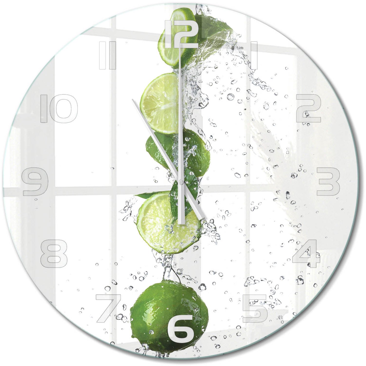 TULUP Wandklok - Kalk en water Wandklok Glas Met Motief - fi60 cm - Groente Decoratieve Glazen Klok - Witte handen - Ronde Klok - Gekleurde Glazen Klok - Glazen Klok Met Print