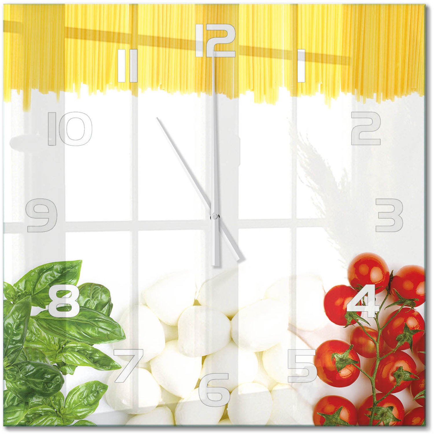 TULUP Wandklok - Italiaanse vlag Decoratieve Glazen Klok - 60x60 cm - Veelkleurig Glazen Wandklok Design - Witte handen - Vierkante Klok - Glazen Klok Met Print - Wandklok Glas Met Motief