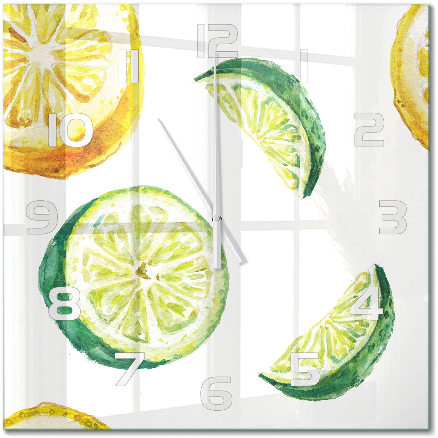 TULUP Wandklok - Citroen en limoen Wandklok Glas Decoratie - 60x60 cm - Groente Gekleurde Glazen Klok - Witte handen - Vierkante Klok - Klok Glas Met Opdruk - Moderne Wandklok Glas