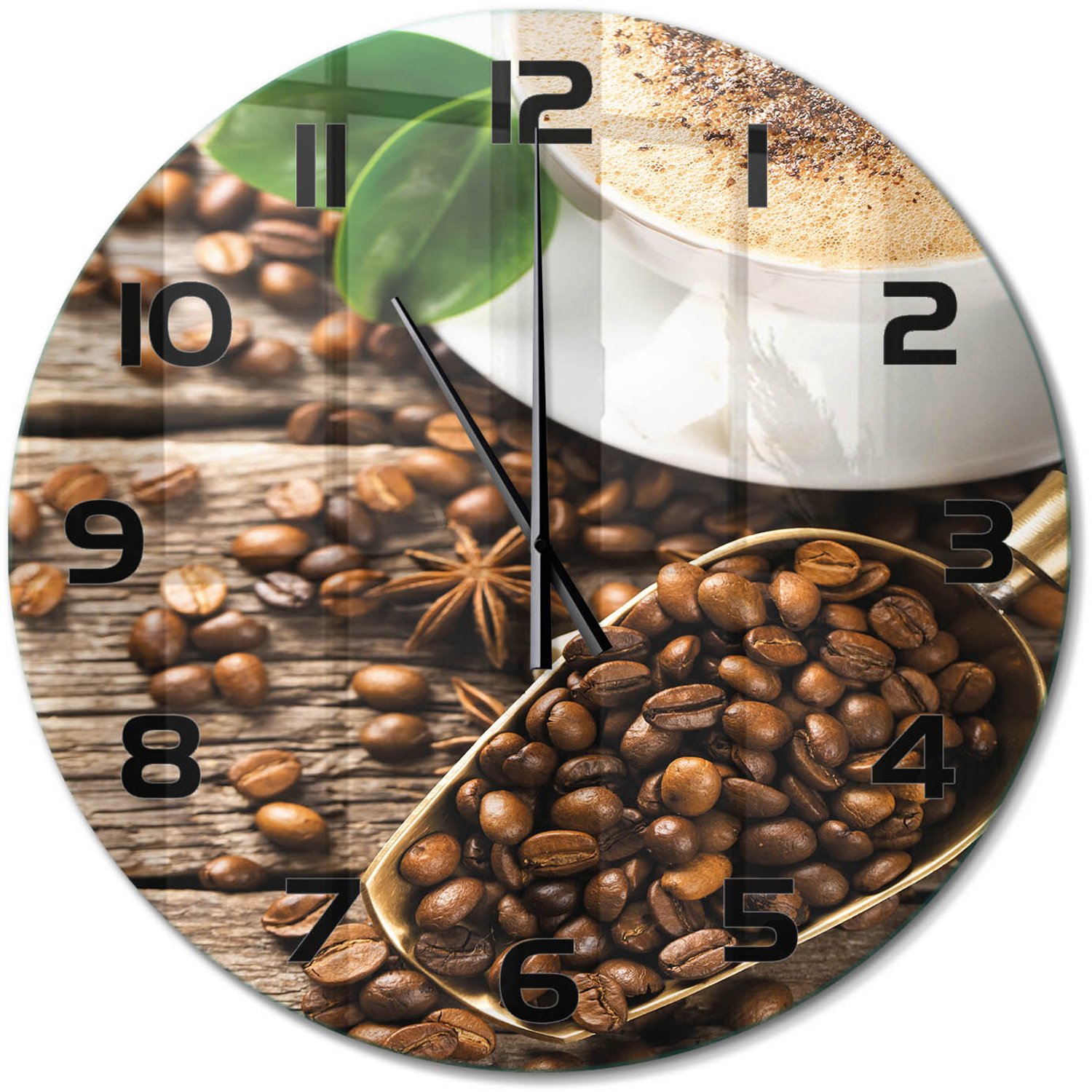 TULUP Wandklok - Koffie Gekleurde Glazen Klok - fi60 cm - Bruin Glazen Klok Met Print - Zwarte handen - Ronde Klok - Moderne Wandklok Glas - Wandklok Glas Decoratie