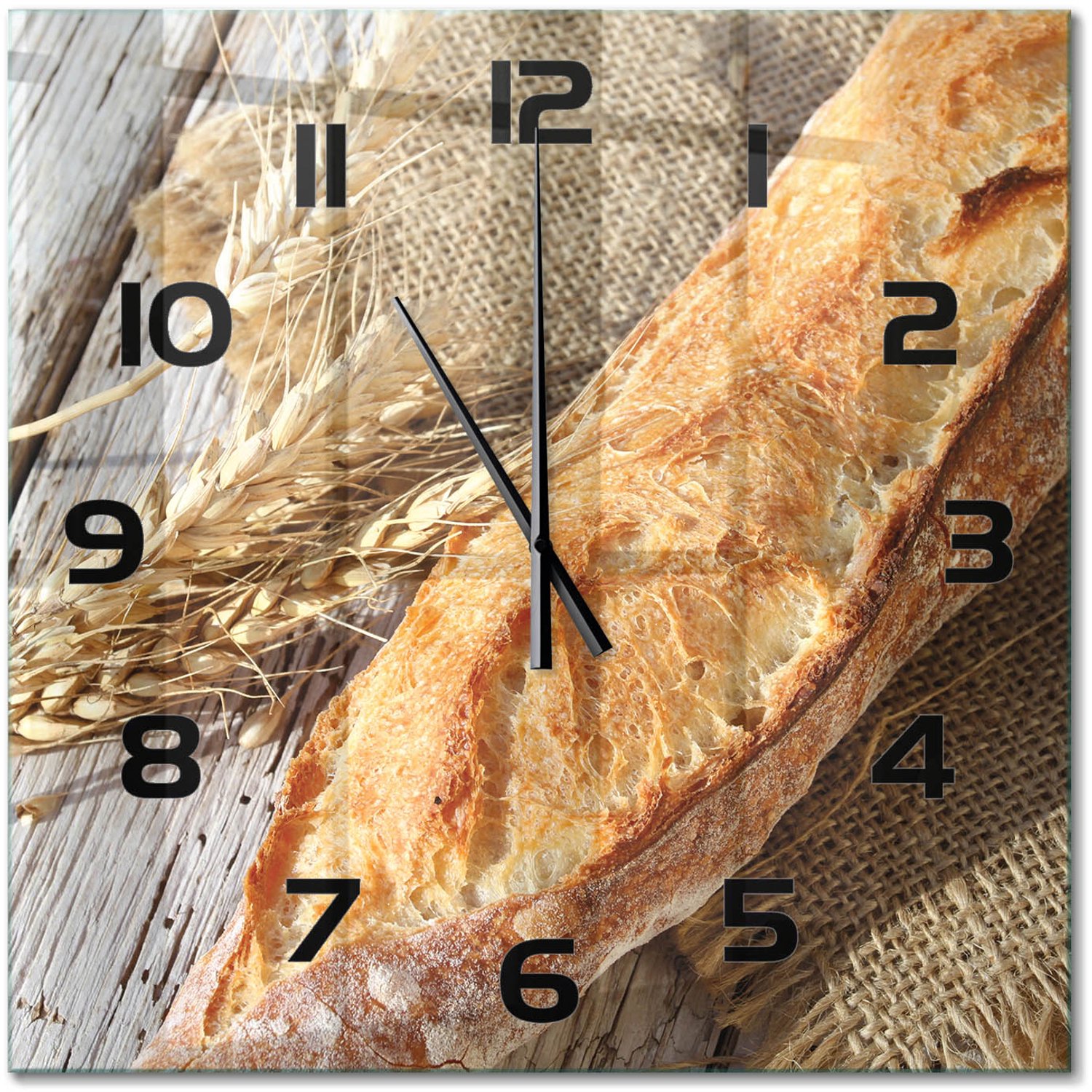 TULUP Wandklok - Verse baguette Wandklok Glas Decoratie - 60x60 cm - Beige Gekleurde Glazen Klok - Zwarte handen - Vierkante Klok - Klok Glas Met Opdruk - Moderne Wandklok Glas