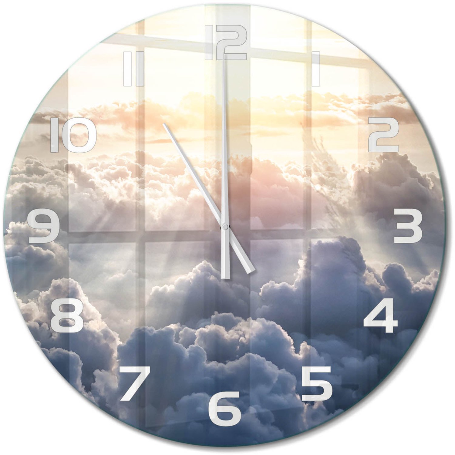 TULUP Wandklok - Wolken gezien vanuit vogelperspectief Decoratieve Glazen Klok - fi60 cm - Geel Glazen Wandklok Design - Witte handen - Ronde Klok - Glazen Klok Met Print - Wandklok Glas Met Motief