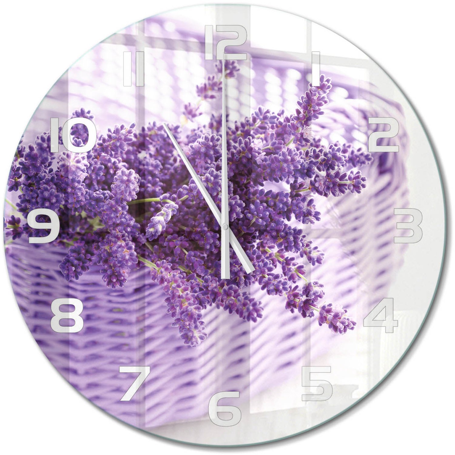 TULUP Wandklok - Lavendel in een mand Wandklok Glas Decoratie - fi60 cm - Paars Gekleurde Glazen Klok - Witte handen - Ronde Klok - Klok Glas Met Opdruk - Moderne Wandklok Glas