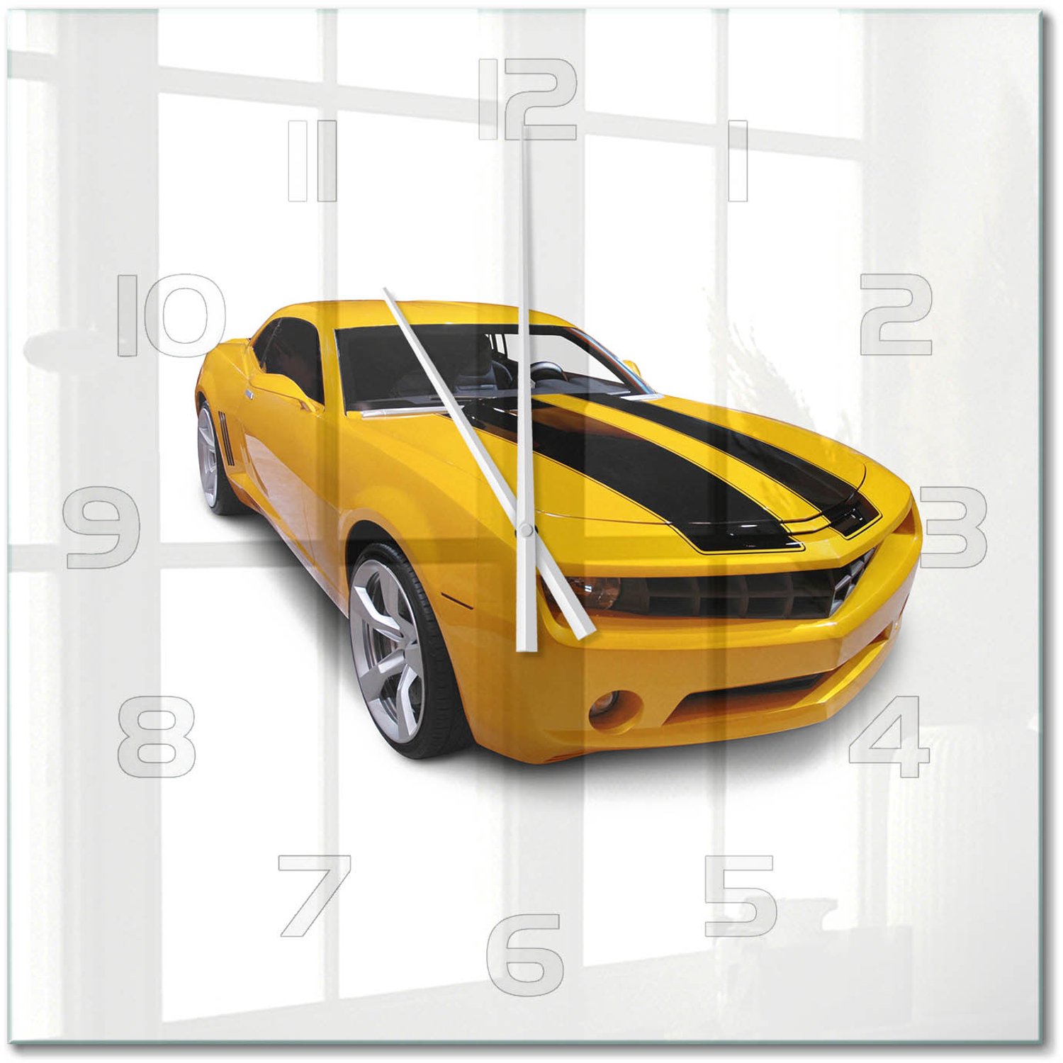 TULUP Wandklok - Sportwagen Klok Glas Met Opdruk - 60x60 cm - Geel Moderne Wandklok Glas - Witte handen - Vierkante Klok - Decoratieve Glazen Klok - Glazen Wandklok Design