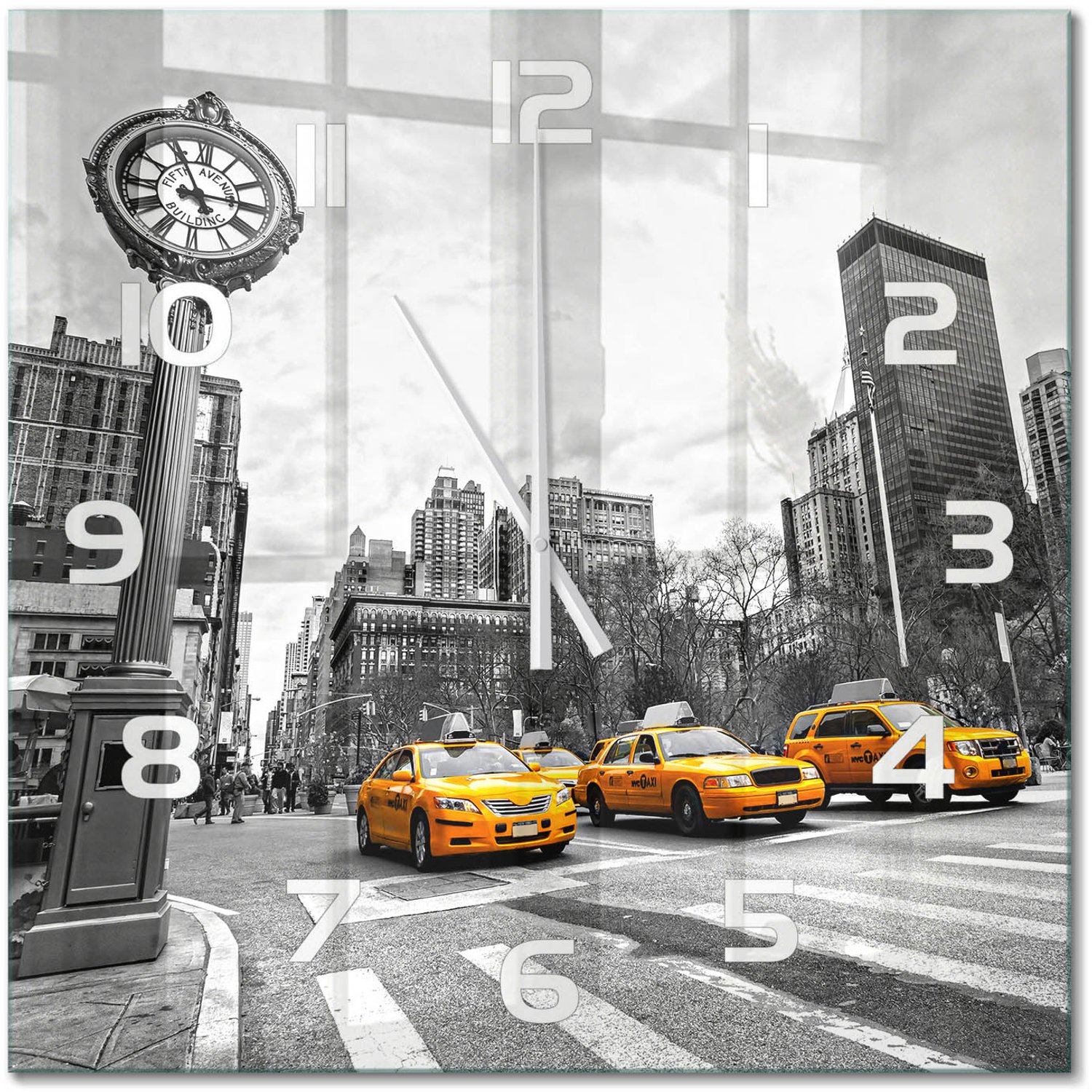 TULUP Wandklok - New Yorkse taxi's Wandklok Glas Decoratie - 60x60 cm - Geel Gekleurde Glazen Klok - Witte handen - Vierkante Klok - Klok Glas Met Opdruk - Moderne Wandklok Glas