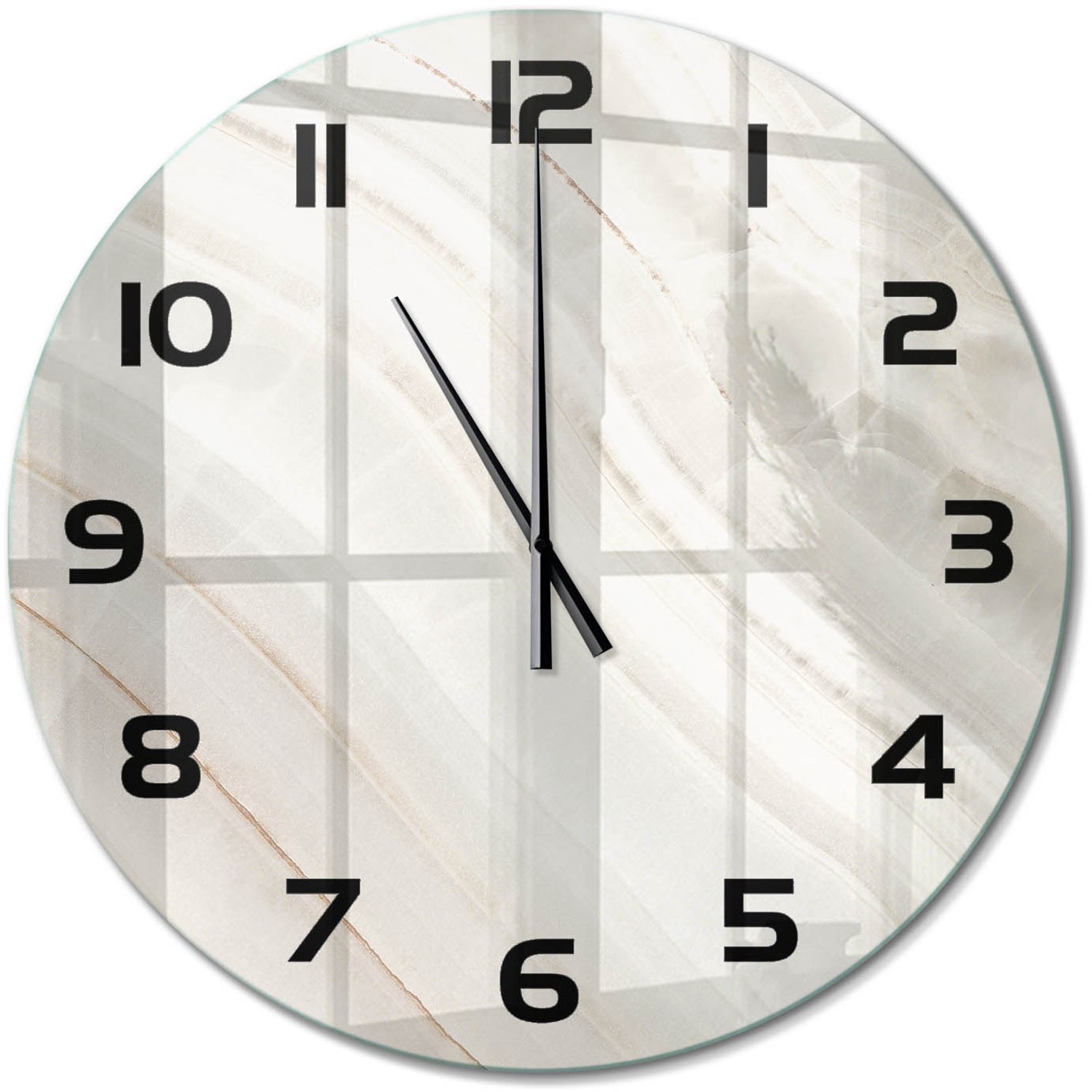 TULUP Wandklok - Marmertextuur Decoratieve Glazen Klok - fi60 cm - Beige Glazen Wandklok Design - Zwarte handen - Ronde Klok - Glazen Klok Met Print - Wandklok Glas Met Motief