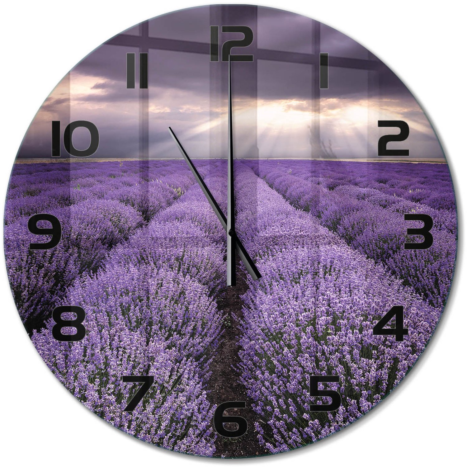 TULUP Wandklok - Lavendelveld Gekleurde Glazen Klok - fi60 cm - Paars Glazen Klok Met Print - Zwarte handen - Ronde Klok - Moderne Wandklok Glas - Wandklok Glas Decoratie
