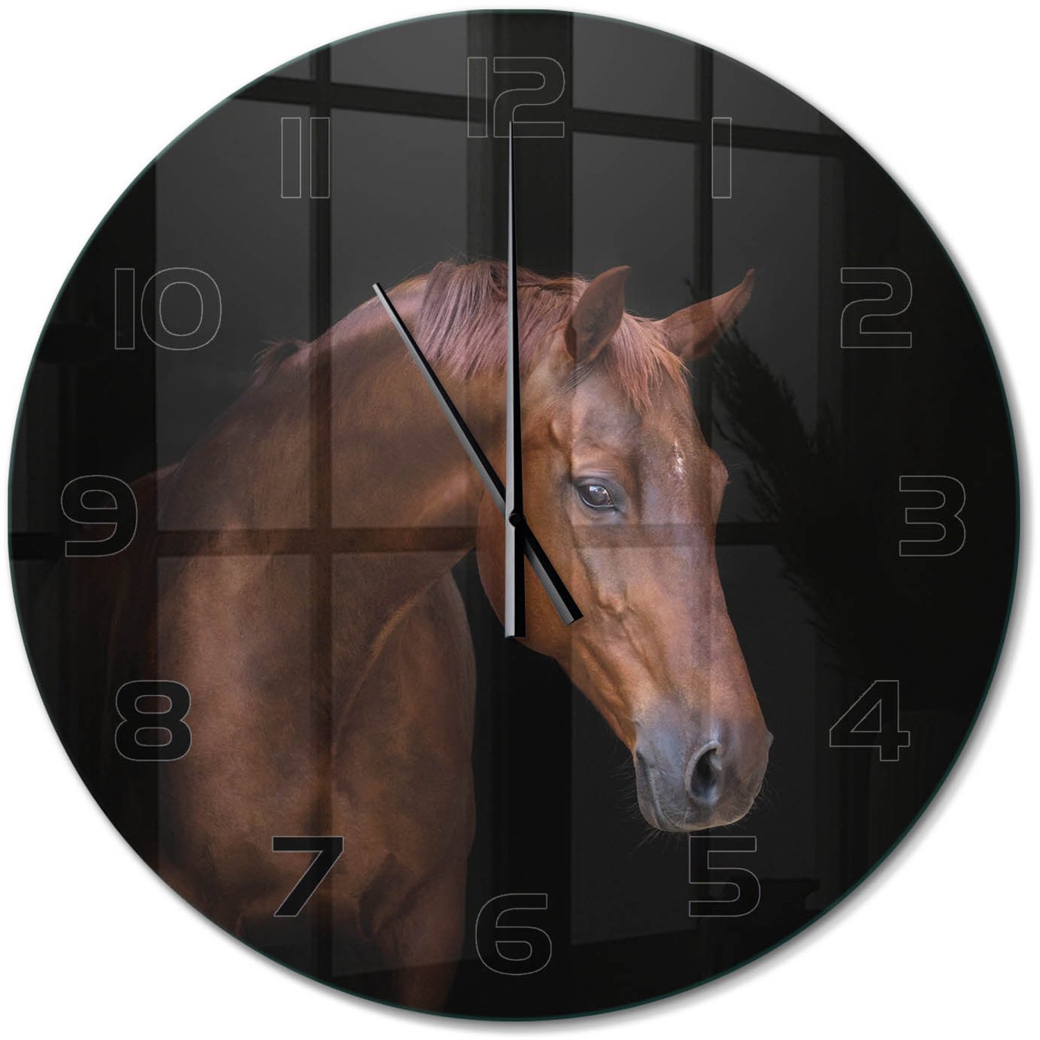 TULUP Wandklok - Bruin Paard Wandklok Glas Decoratie - fi60 cm - Bruin Gekleurde Glazen Klok - Zwarte handen - Ronde Klok - Klok Glas Met Opdruk - Moderne Wandklok Glas