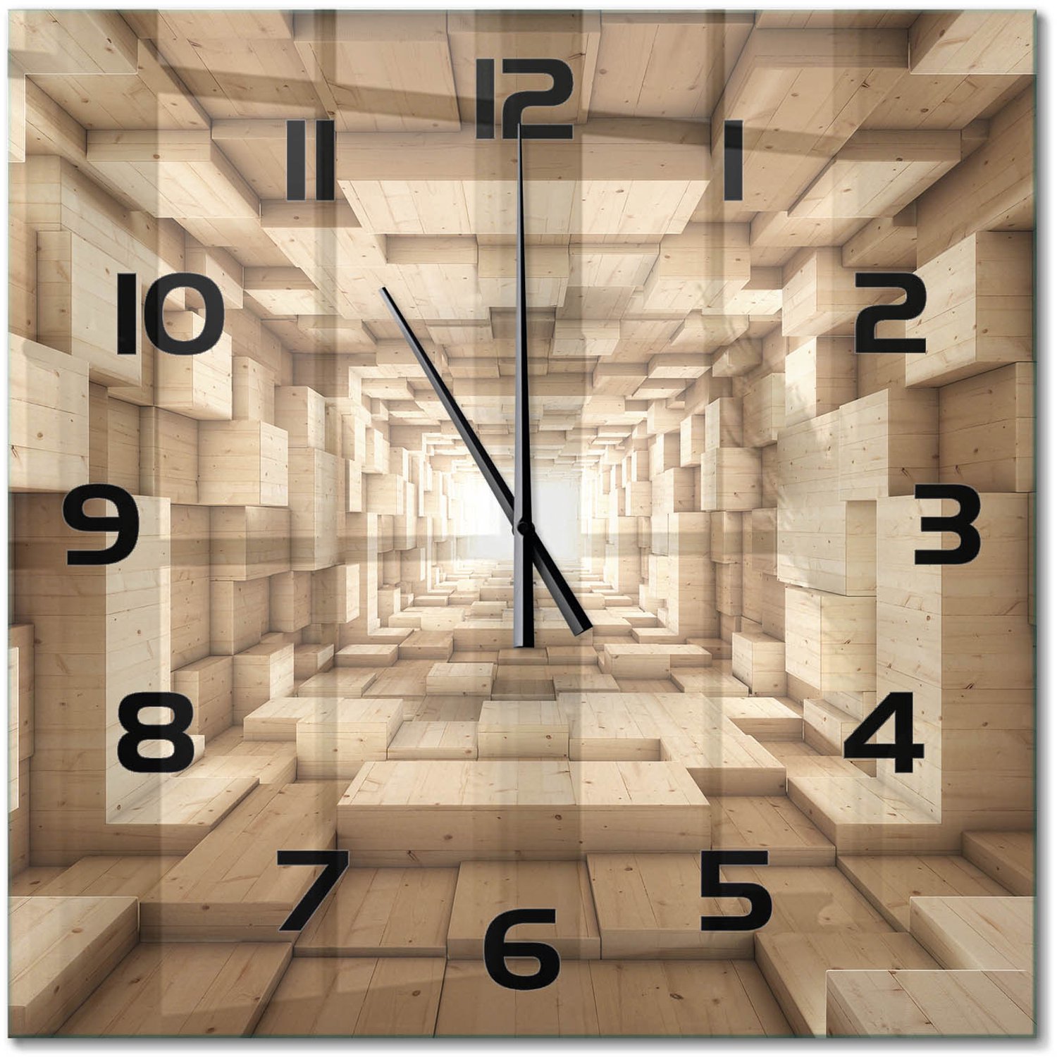 TULUP Wandklok - Houten tunnel Moderne Wandklok Glas - 60x60 cm - Beige Wandklok Glas Decoratie - Zwarte handen - Vierkante Klok - Glazen Wandklok Design - Klok Glas Met Opdruk