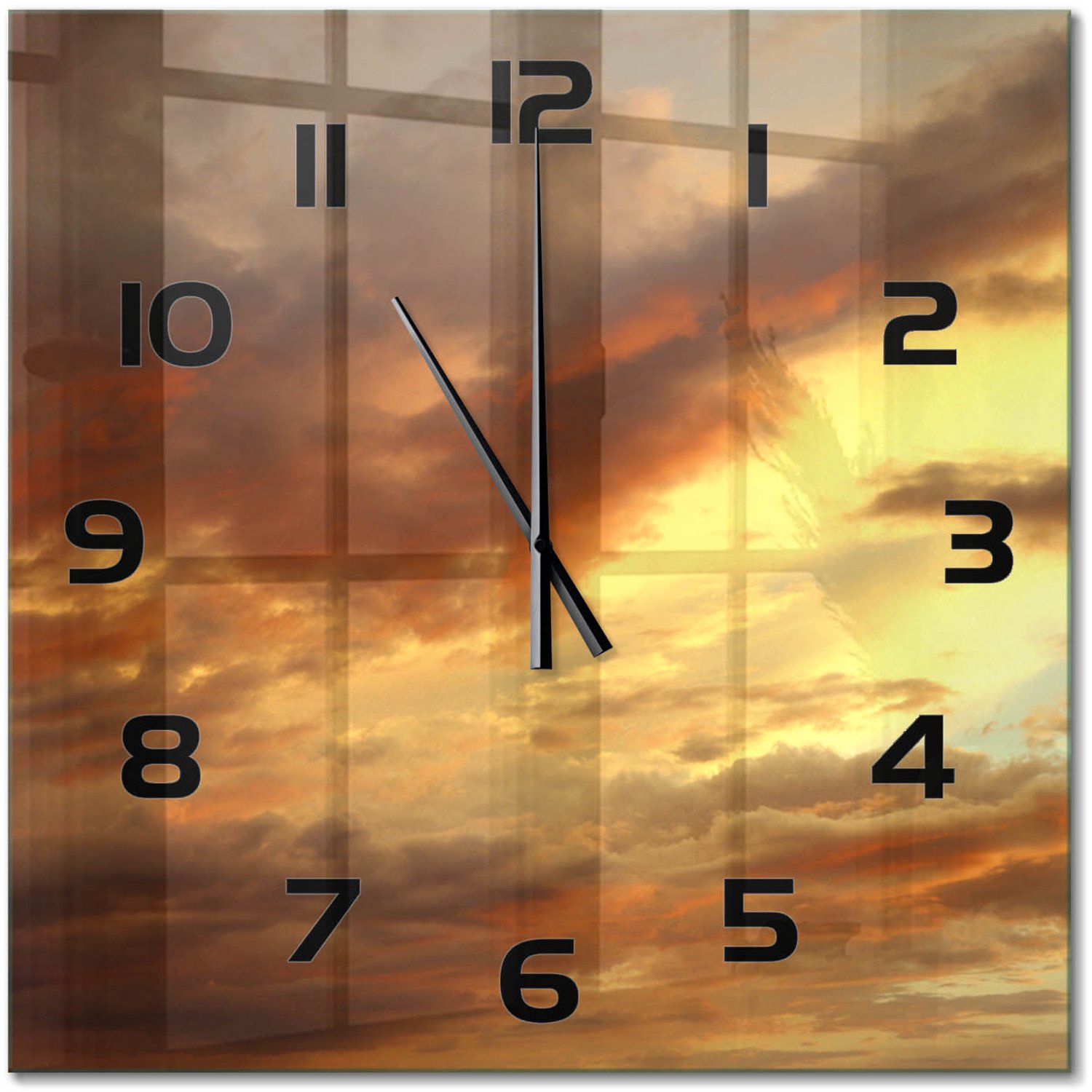 TULUP Wandklok - Zonsopgang Glazen Klok Met Print - 60x60 cm - Geel Wandklok Glas Met Motief - Zwarte handen - Vierkante Klok - Wandklok Glas Decoratie - Gekleurde Glazen Klok