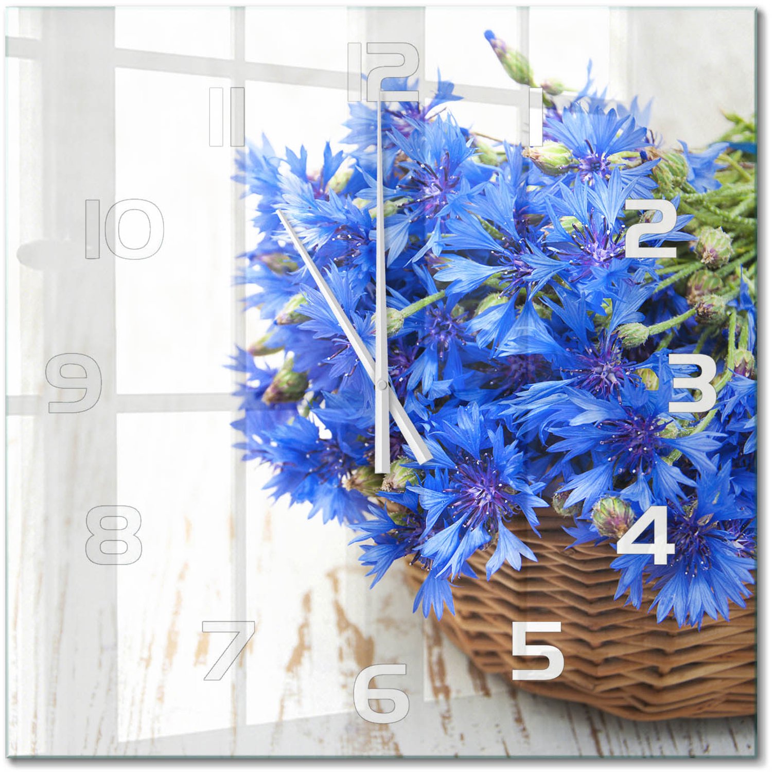 TULUP Wandklok - Korenbloemen in een mand Wandklok Glas Met Motief - 60x60 cm - Blauw Decoratieve Glazen Klok - Witte handen - Vierkante Klok - Gekleurde Glazen Klok - Glazen Klok Met Print