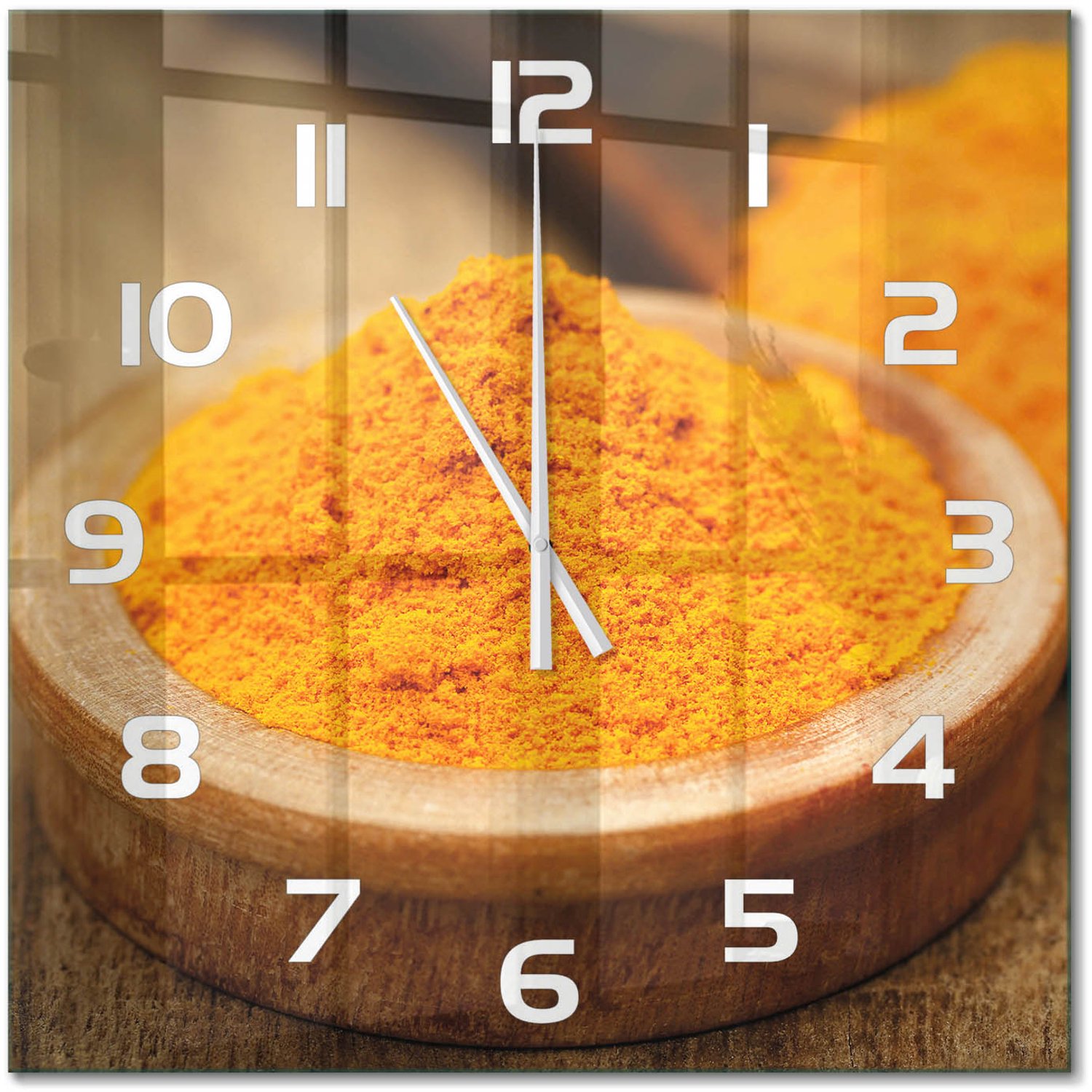 TULUP Wandklok - Kurkuma specerij Moderne Wandklok Glas - 60x60 cm - Oranje Wandklok Glas Decoratie - Witte handen - Vierkante Klok - Glazen Wandklok Design - Klok Glas Met Opdruk