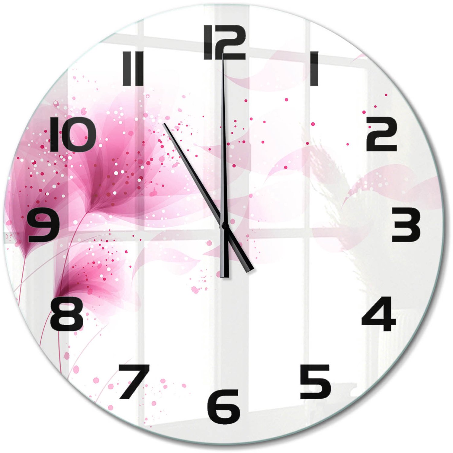 TULUP Wandklok - Roze bloem Moderne Wandklok Glas - fi60 cm - Roze Wandklok Glas Decoratie - Zwarte handen - Ronde Klok - Glazen Wandklok Design - Klok Glas Met Opdruk