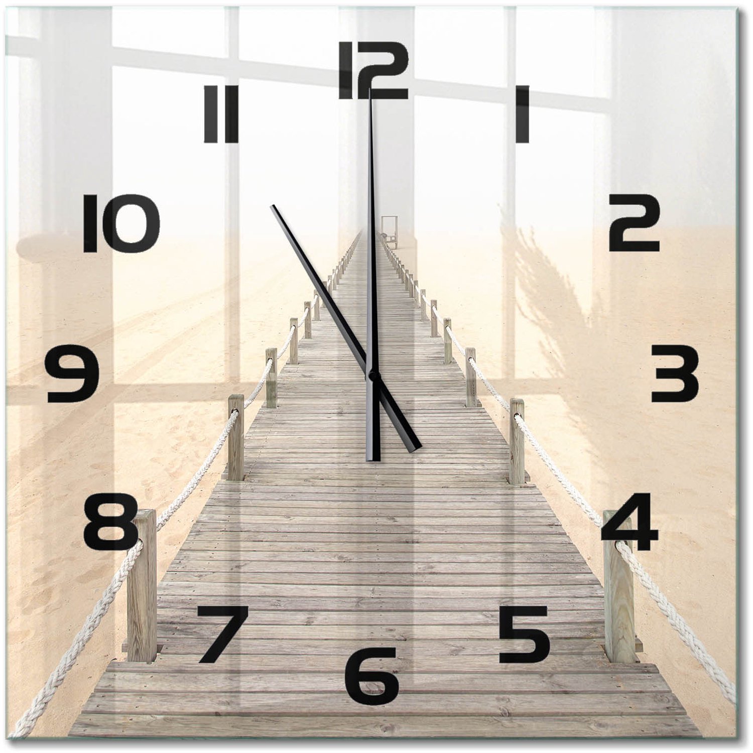 TULUP Wandklok - Strandpad Glazen Wandklok Design - 60x60 cm - Beige Klok Glas Met Opdruk - Zwarte handen - Vierkante Klok - Wandklok Glas Met Motief - Decoratieve Glazen Klok