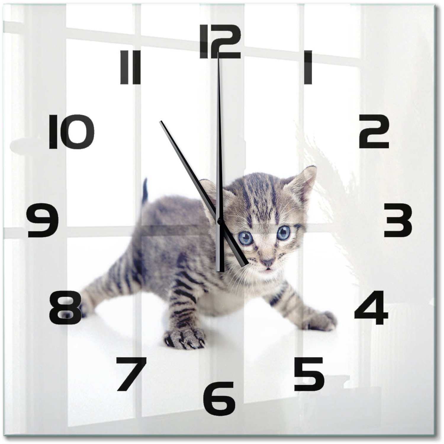 TULUP Wandklok - Kleine kat Klok Glas Met Opdruk - 60x60 cm - Grijs Moderne Wandklok Glas - Zwarte handen - Vierkante Klok - Decoratieve Glazen Klok - Glazen Wandklok Design
