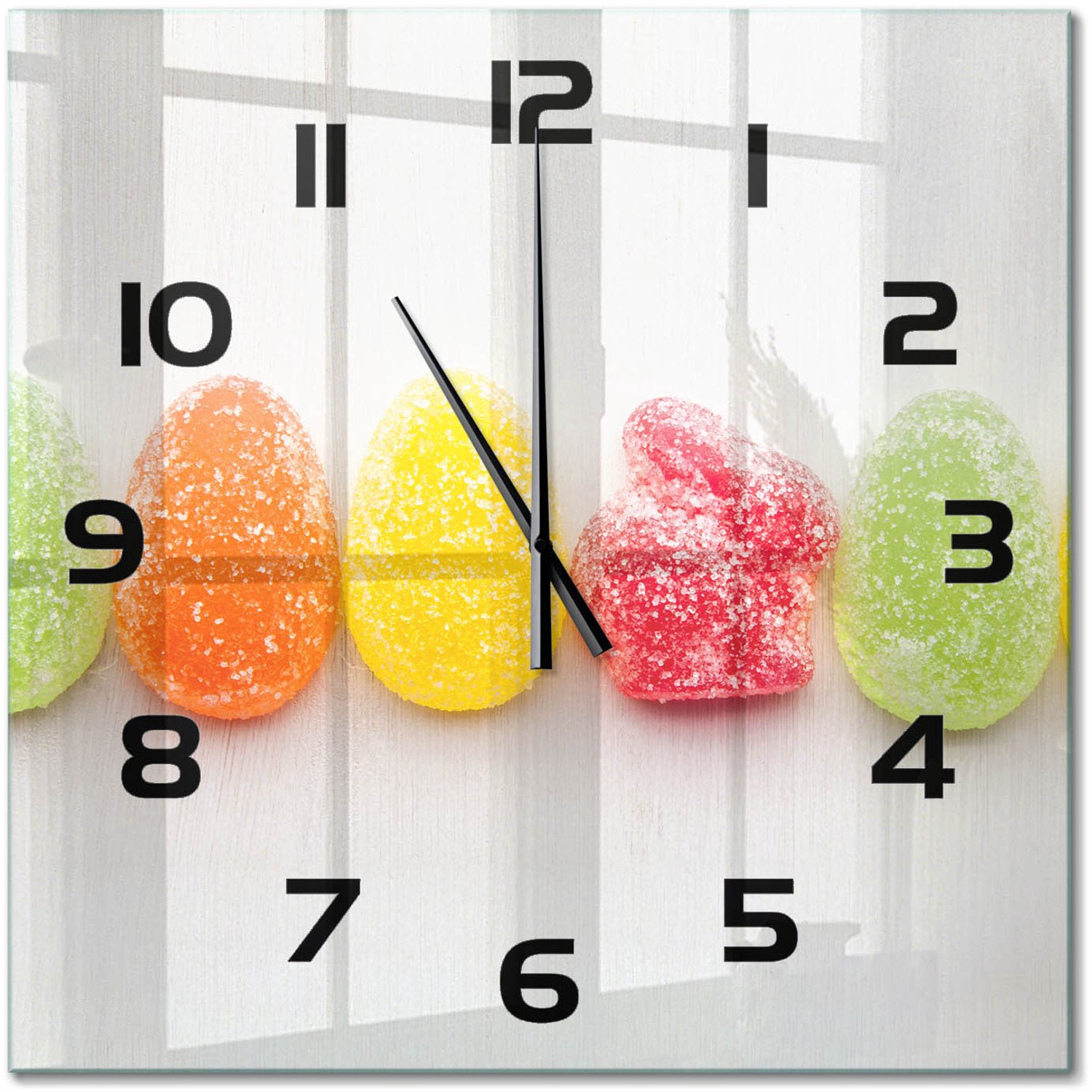 TULUP Wandklok - Kleurrijke Jelly Beans Decoratieve Glazen Klok - 60x60 cm - Veelkleurig Glazen Wandklok Design - Zwarte handen - Vierkante Klok - Glazen Klok Met Print - Wandklok Glas Met Motief