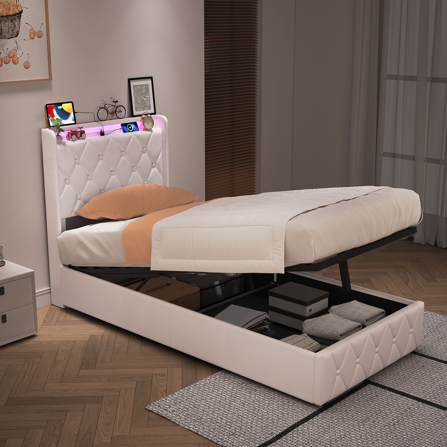 Yelenaro Gestoffeerd Bed 90x200 cm, Hydraulisch opbergbed, Eenpersoonsbed met LED en USB, Bedframe met Lattenbodem, LED-hoofdbord, Wit fluweel, Zonder matras