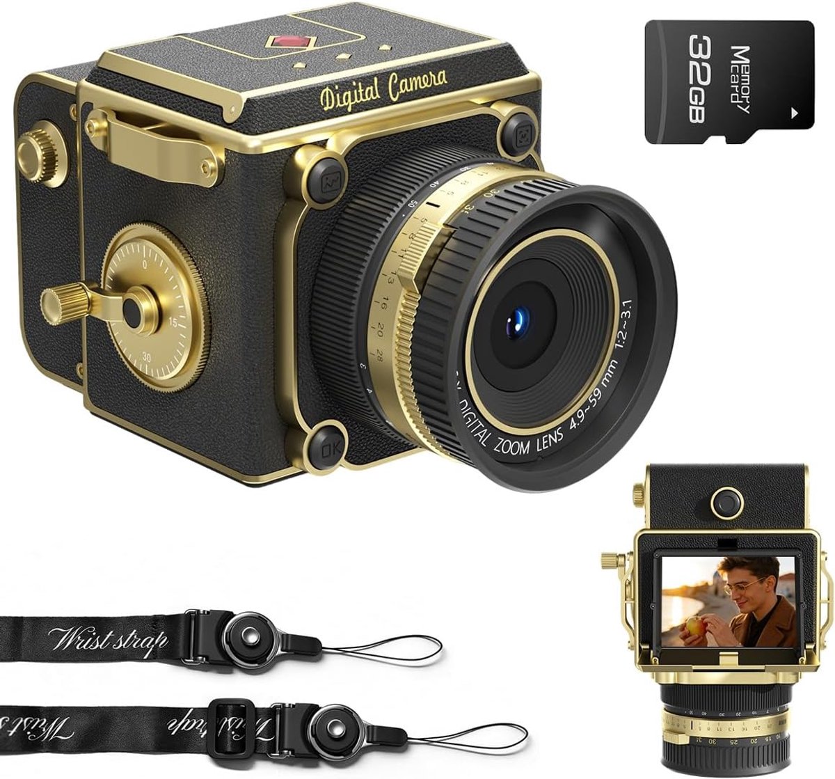 Retro digitale camera - Draagbare retro point-and-shot camera met decoratief design - Compacte autofocuscamera met ondersteuning voor 2.7K video-opname, 56 MP, geschikt voor beginners, kinderen en tieners - zwart