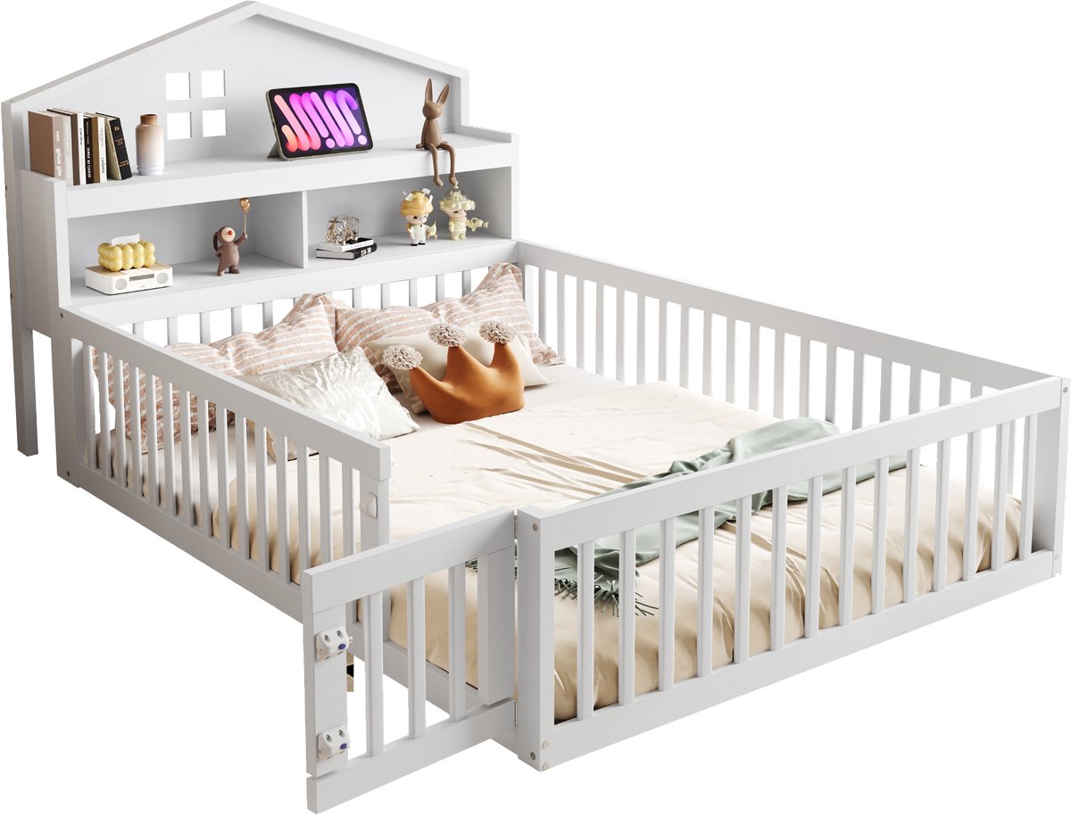 Kinderbed - Huisbed Met Opbergruimte - Krijtbord En Deurtje - Inclusief Lattenbodem - Vloerbed Voor Kinderkamer - 140x200cm - Wit